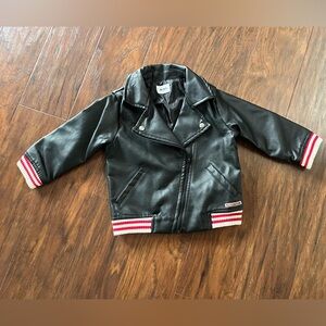 Hudson Black Faux Leather Bomber Jacket with Red Stripes-Size 24 months